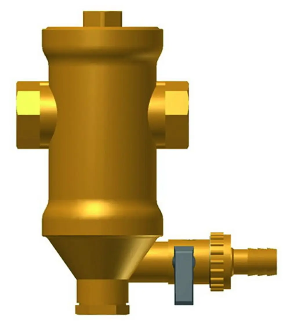 Goldfarbener Separator mit mehreren Anschlüssen, montiert in einem vertikalen Design. Gebaut von IMI Hydronic Engineering zur Trennung von Flüssigkeiten in Heizsystemen.